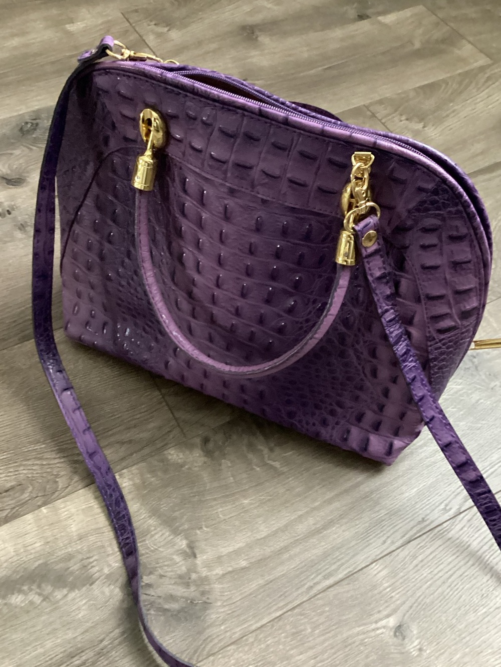 Imitation Purple Croc-Embossed Dome Satchel Bag with Gold Hardware